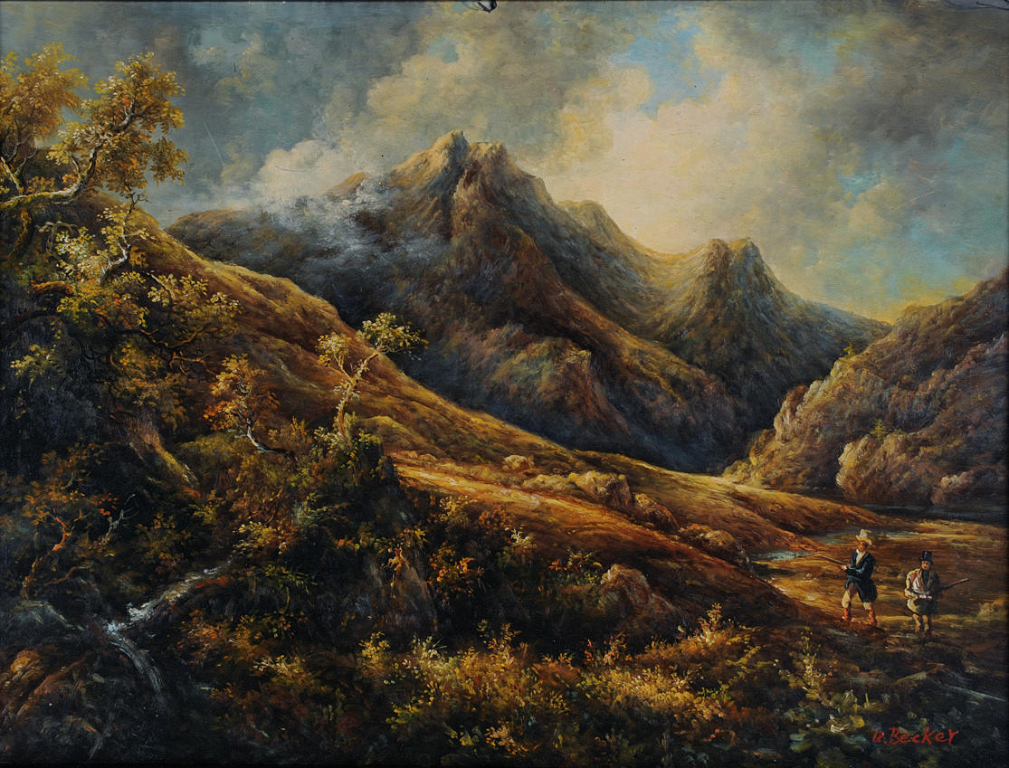 U.BECKER. Jaktscener i bergslandskap. Olja på trä. 40 x 30cm Signerad nedre höger: U.Becker. ram.