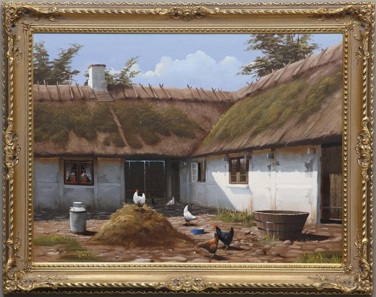 ROALD HANSEN. "Gård och pickande höns". Olja på duk. Signerad.