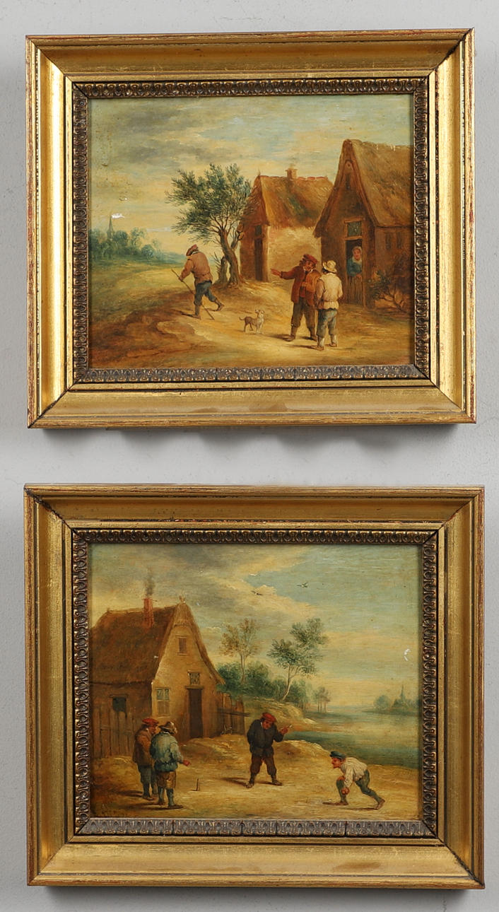 FOLLOWER OF DAVID TENIERS THE YOUNGER (1610-1690). PEASANTS PLAYING A BALL GAME; PEASANTS BY COTTAGES.