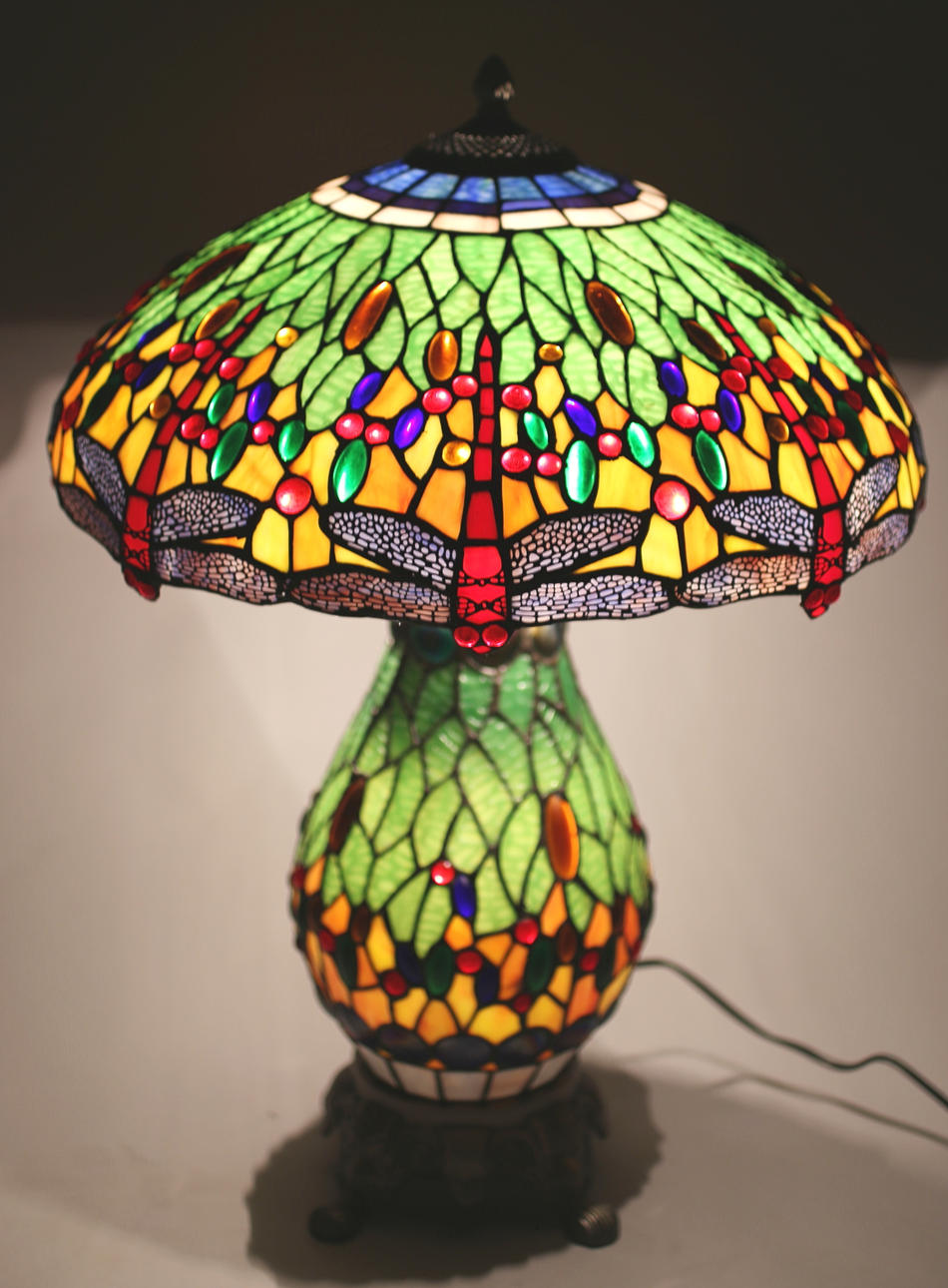 LÁMPARA DE MESA, estilo Tiffany "LIBÉLULA VERDE GRANDE".
