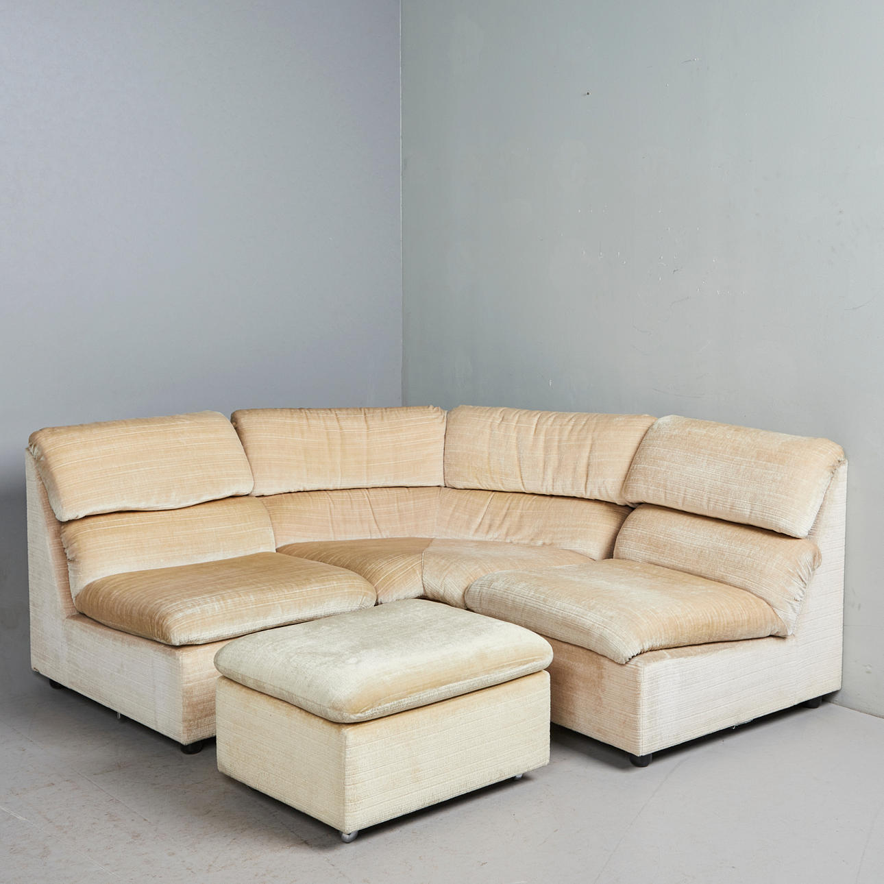 Three-part modular sofa / corner sofa with stool, wood, velor, 1950s (4).