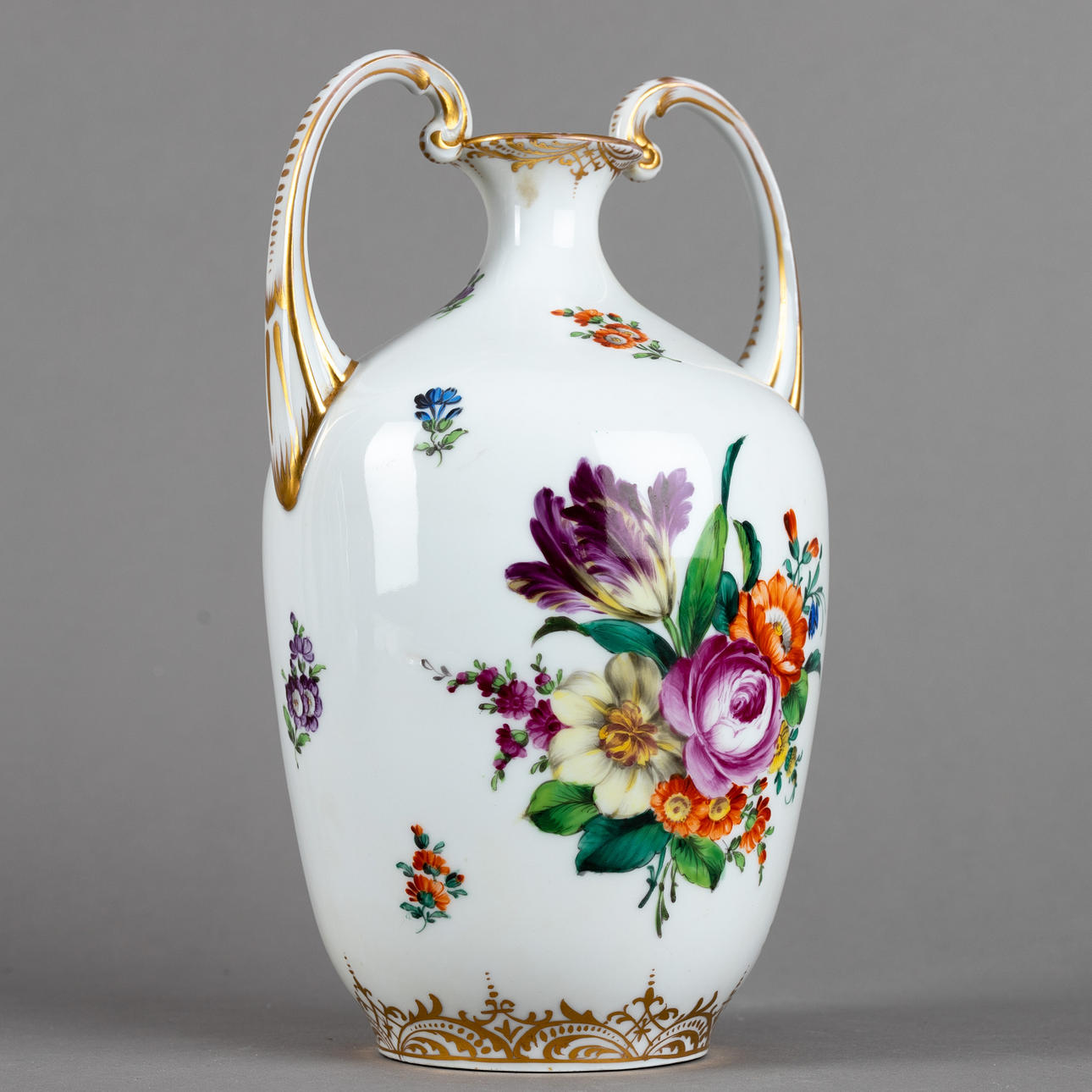 Adolf Hamann, Vase with handles with colorful flowers, Dresden, before 1949.