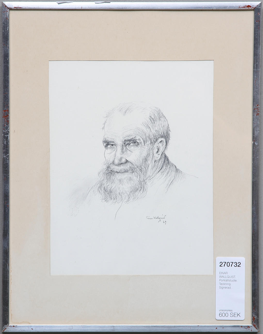 EINAR WALLQUIST. Porträttstudie. Teckning. Signerad.
