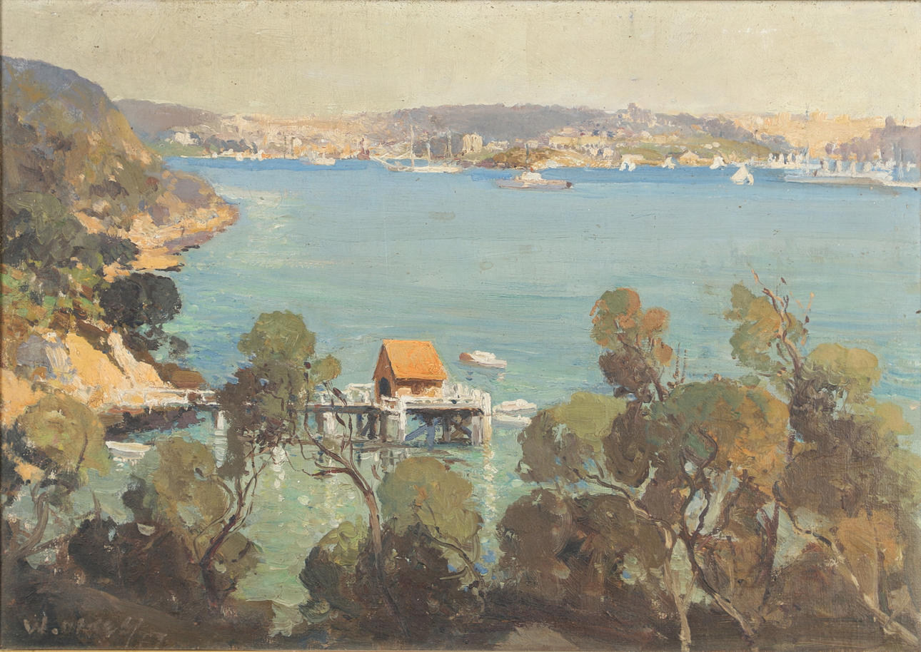 WILLIAM OATES (ENGLISH/AUSTRALIAN, 1862-1945). HARBOUR SCENE WITH A JETTY, VESSELS BEYOND.