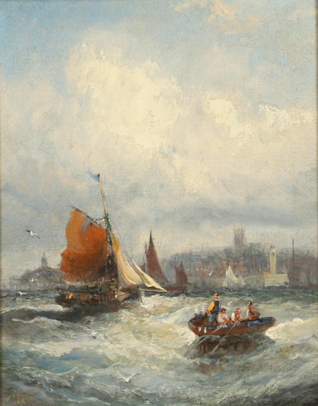 WILLIAM ANSLOW THORNLEY (FL.1858-1898). FISHING BOATS IN CHOPPY WATERS OFF A TOWN.