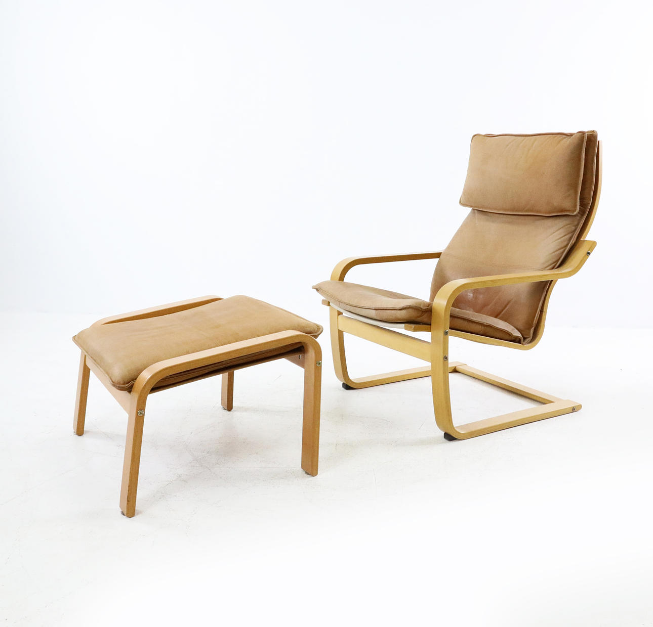 SESSEL MIT Hocker, "Poäng", Leder, Buche, IKEA.