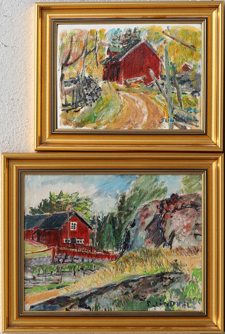 STEN LINDAHL. Landsbygdsmotiv. Olja på duk, 2 st, signerade.