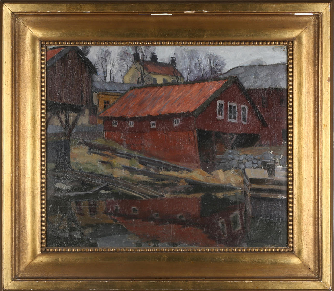 ROBERT LÖFGREN. Olja på duk, Båthus troligen vid Arbogaån, signerad samt daterad R Löfgren 1946.