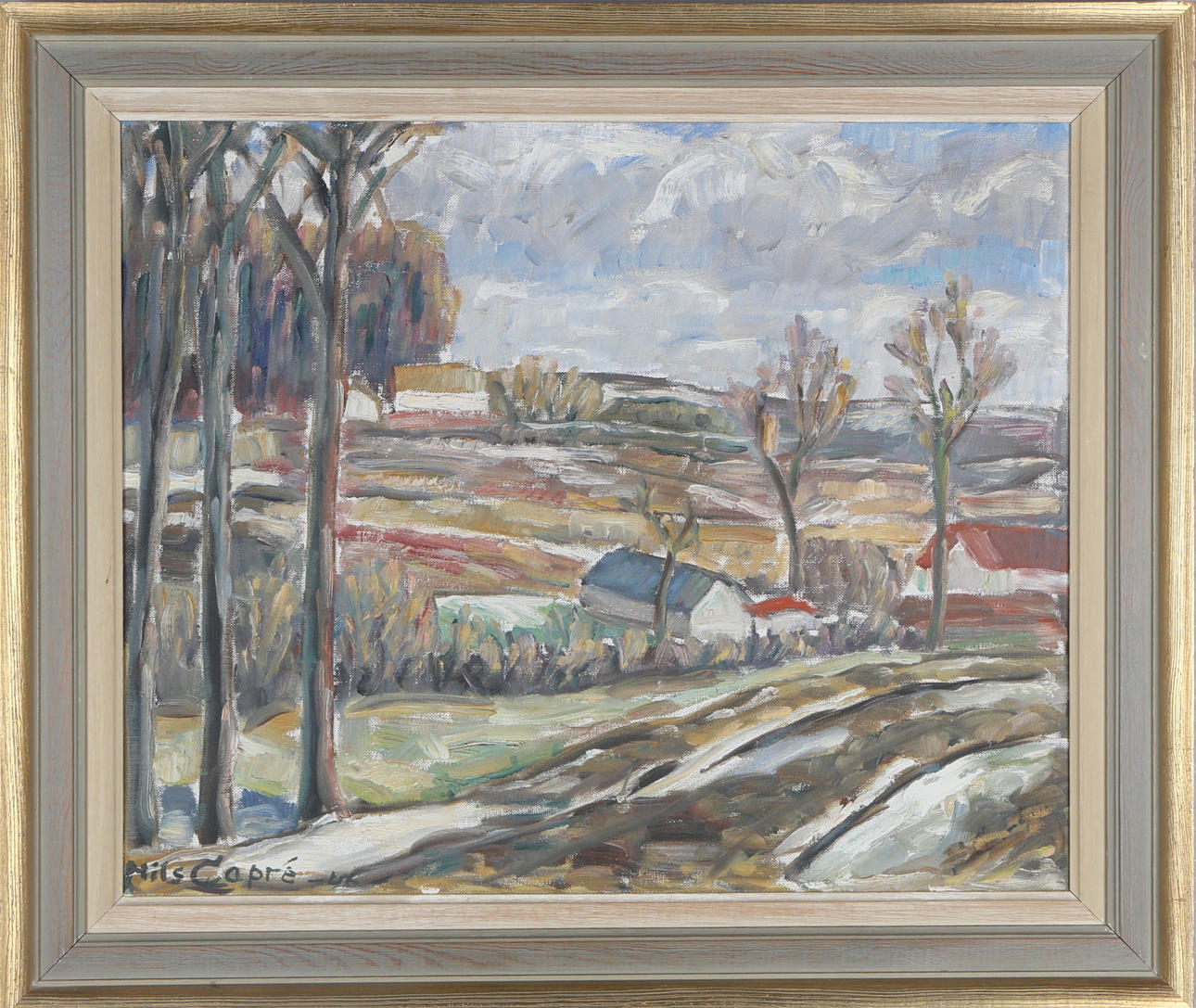 OIDENTIFIERAD KONSTNÄR. Spring landscape, oil on masonite, signed Nils Capre.