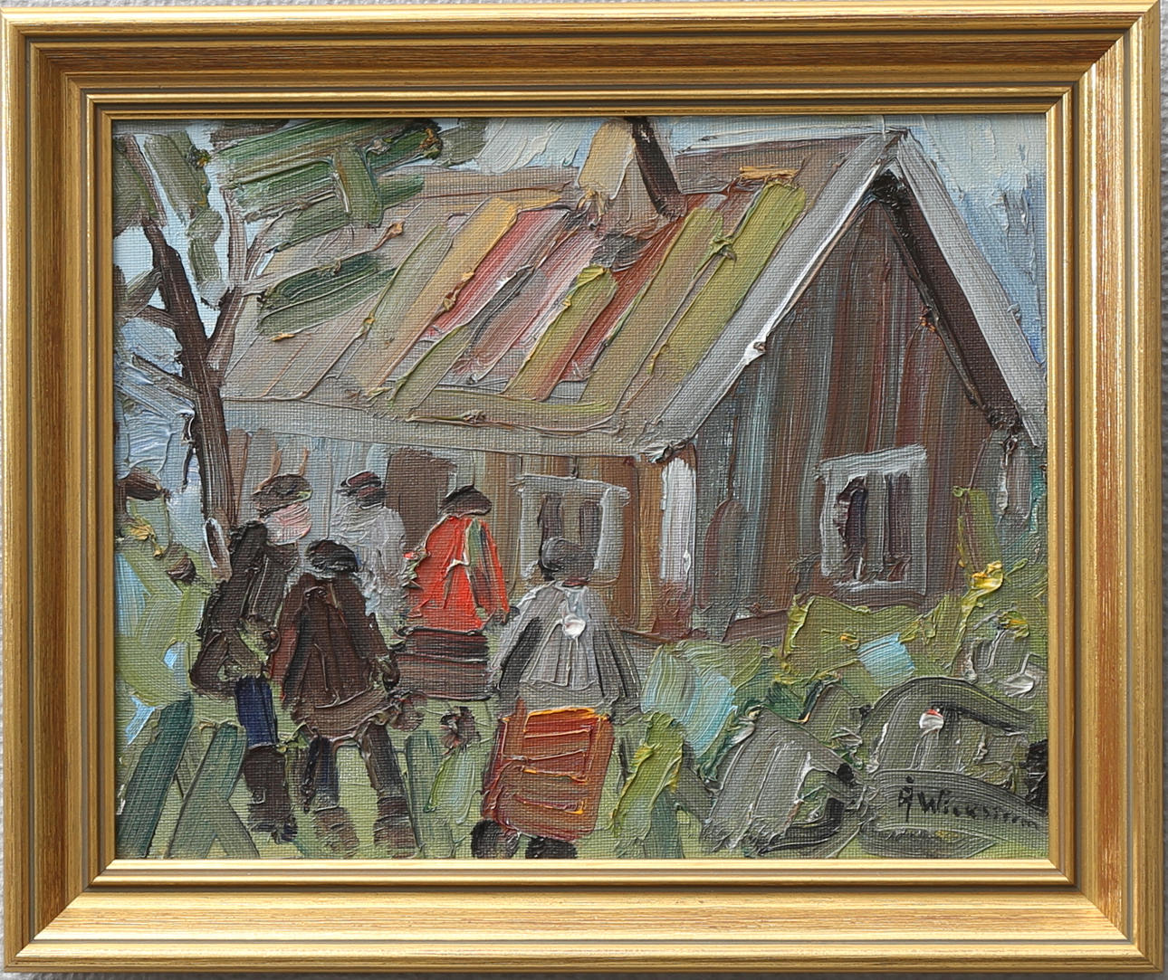 ÅKE WICKSTRÖM. Människor vid hus. Olja på duk, signerad.