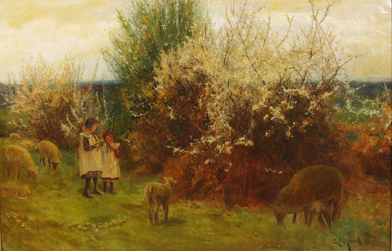 OIDENTIFIERAD KONSTNÄR. Engelskt landskap med barn och får, 1800-tal, olja på duk, signerad C.J. Russell.
