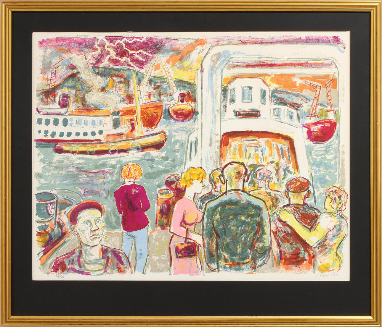 ALBIN AMELIN (1902-1975). "Götaverksfärjan", färglitografi, signerad och numrerad 138/310.