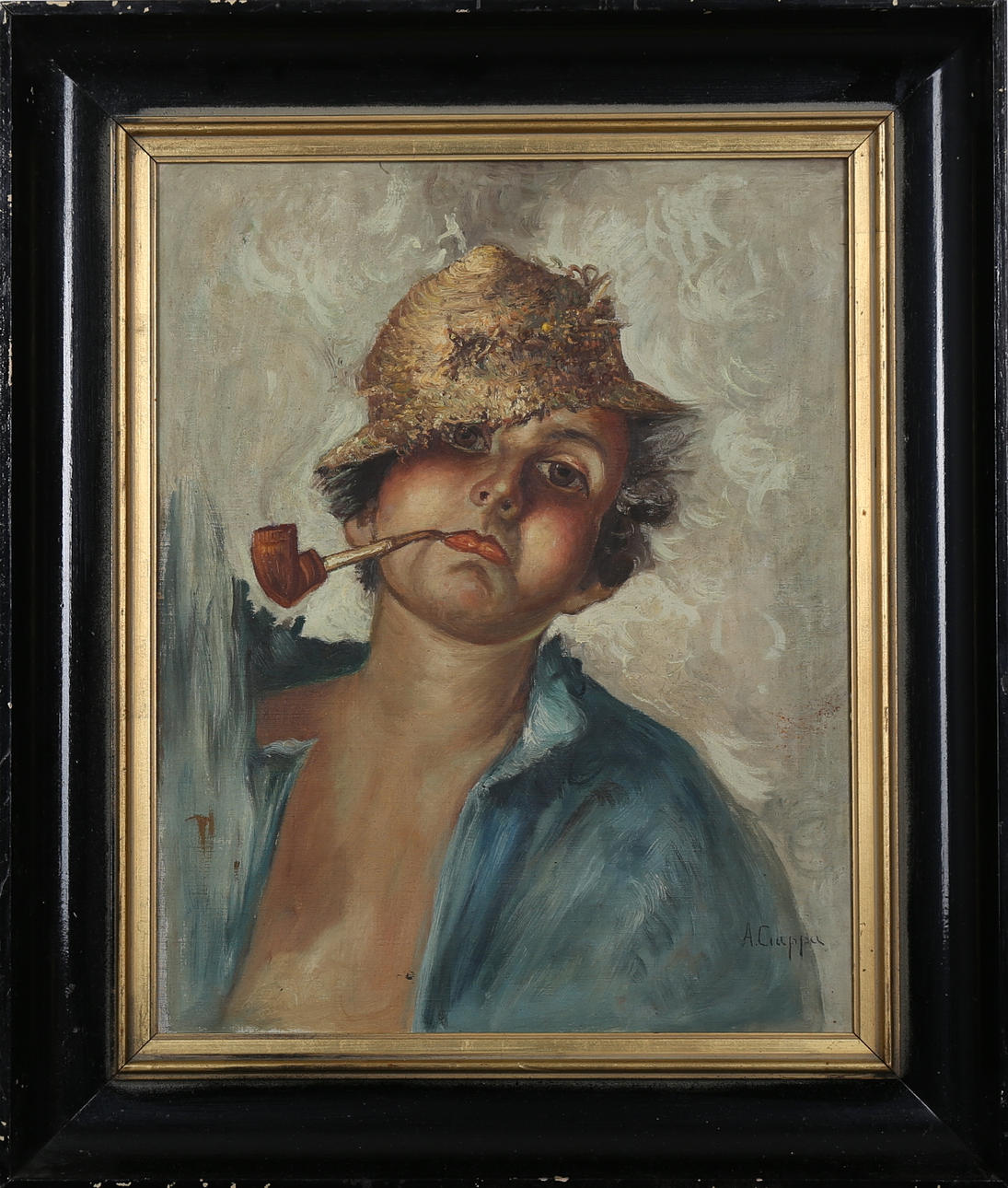 OIDENTIFIERAD KONSTNÄR. Piprökande pojke, olja på duk, signerad A. Ciappa.
