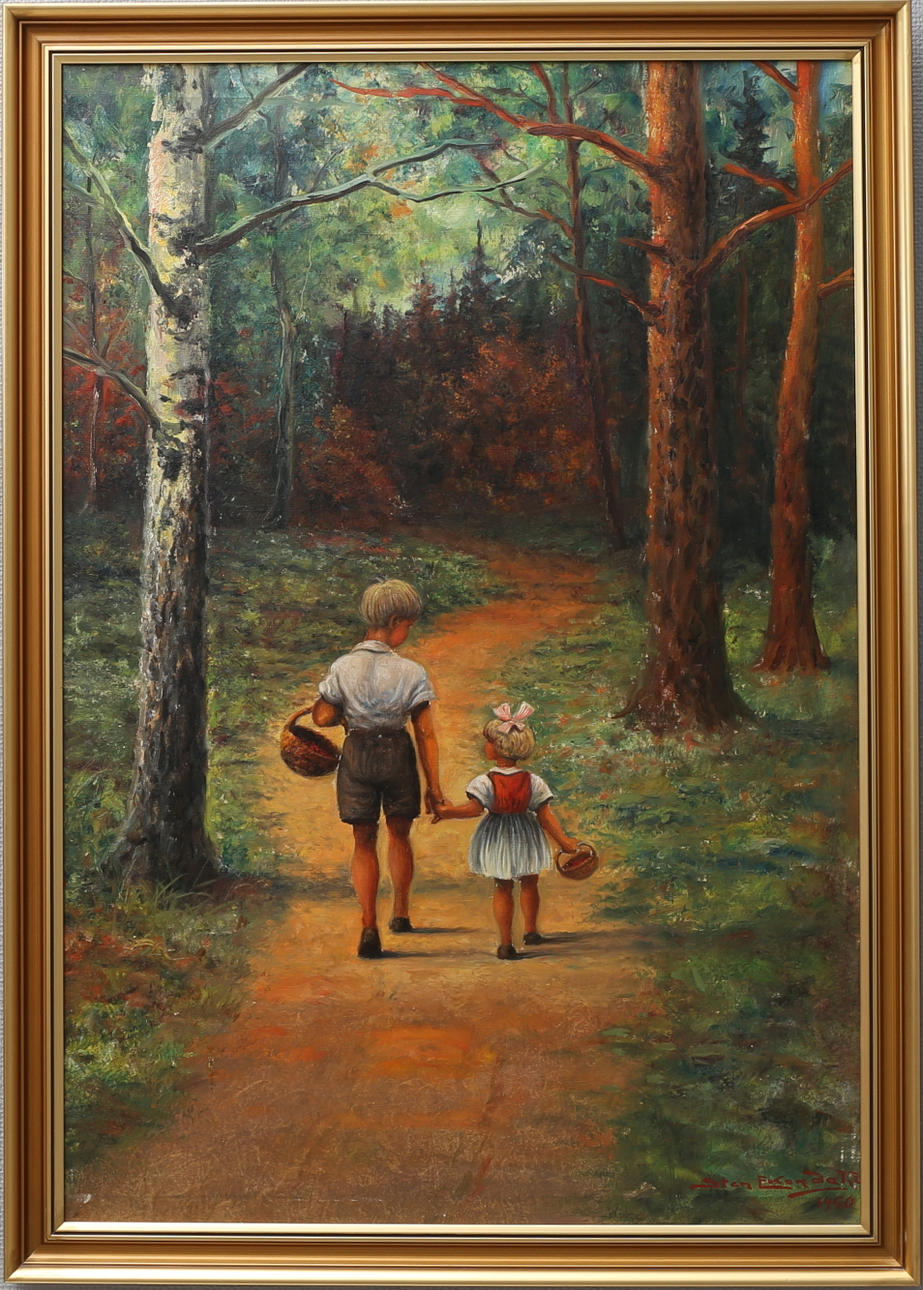 STEN EKENDAHL. Barn på skogspromenad. Olja på duk, signerad och daterad 1950.