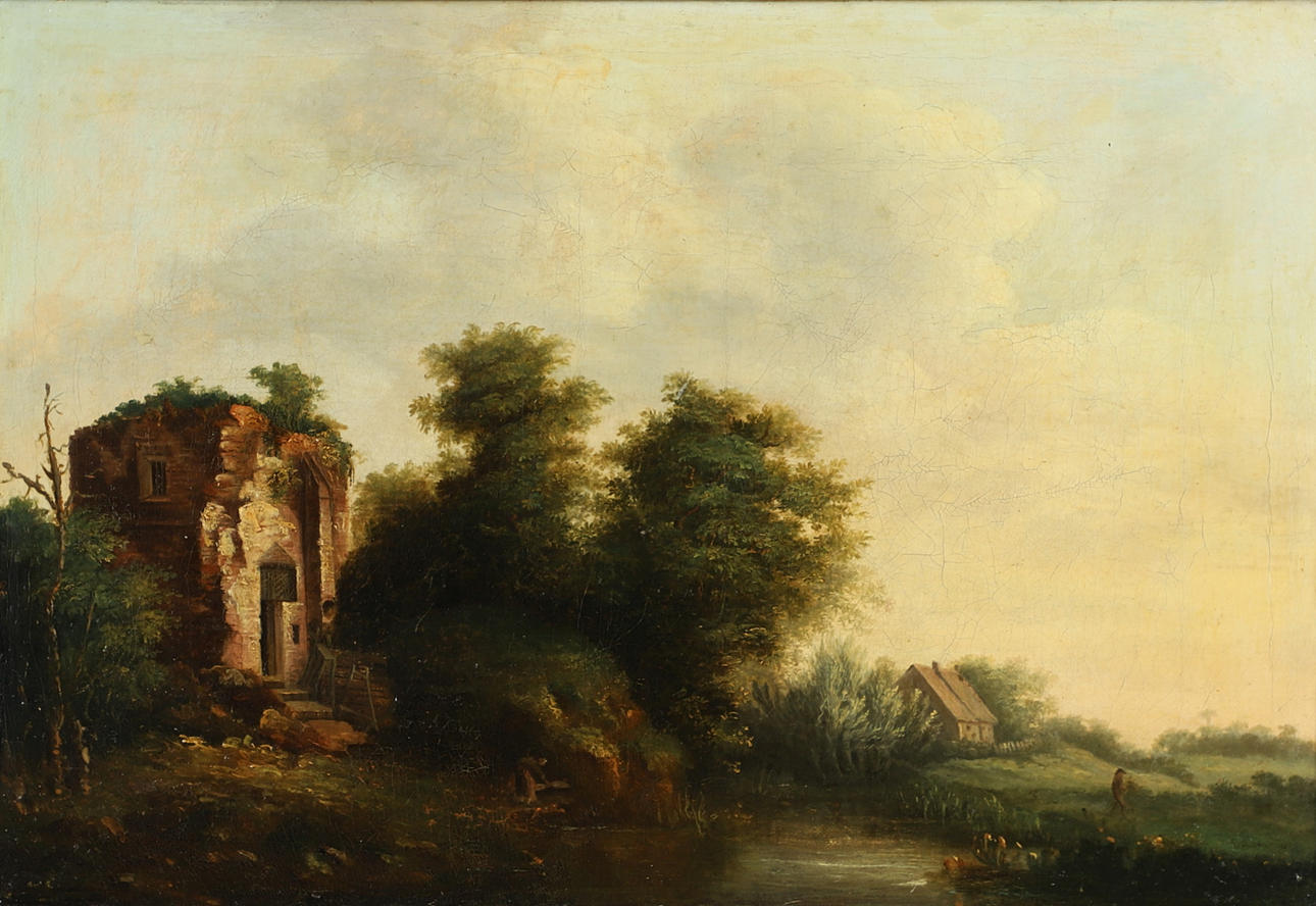 FOLLOWER OF SALOMON VAN RUYSDAEL (C.1602-1670). FIGURES NEAR A RUINED TOWER BY A WOODED POND, COTTAGES BEYOND.