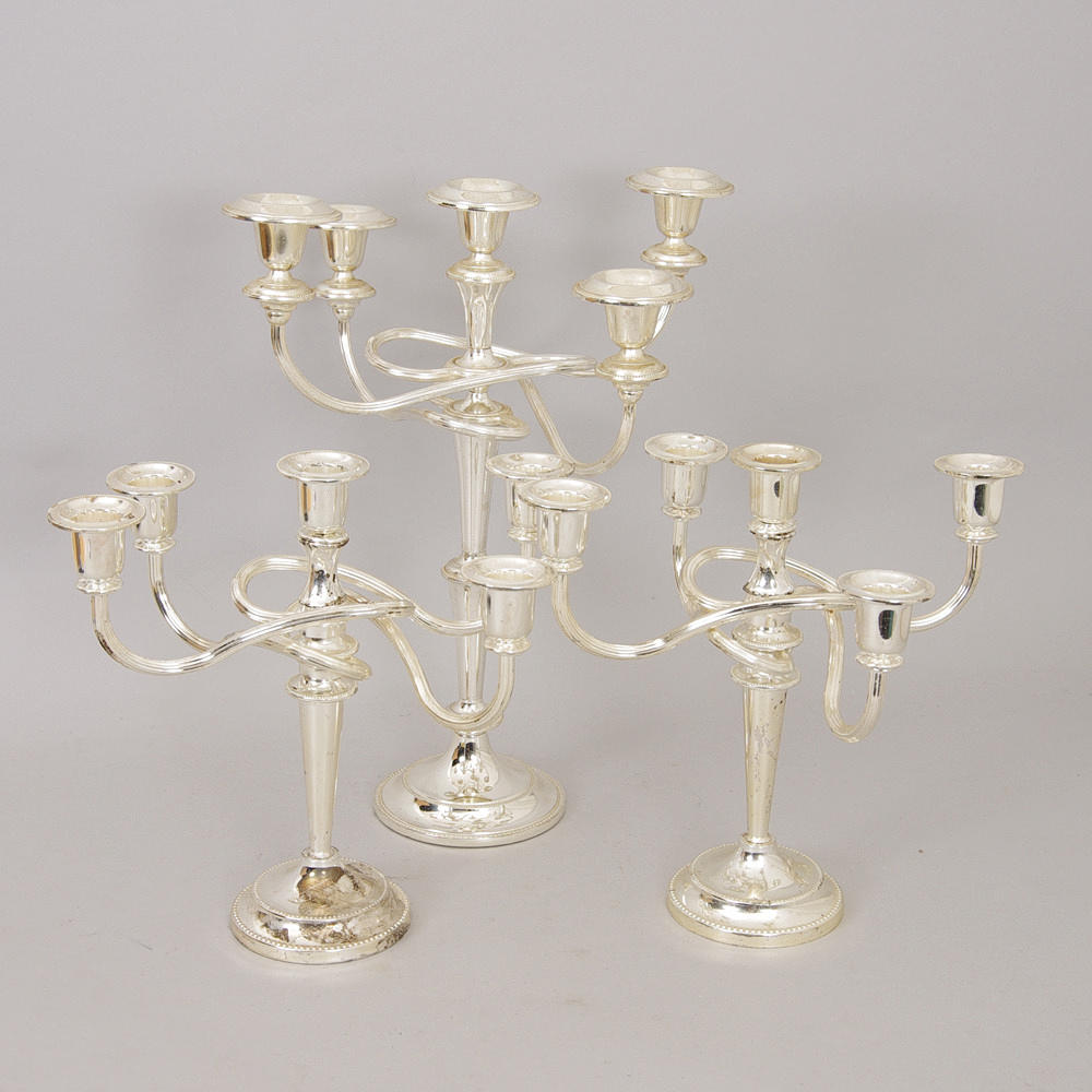 KANDELABRAR, 3 stycken 4-armade, nysilver.