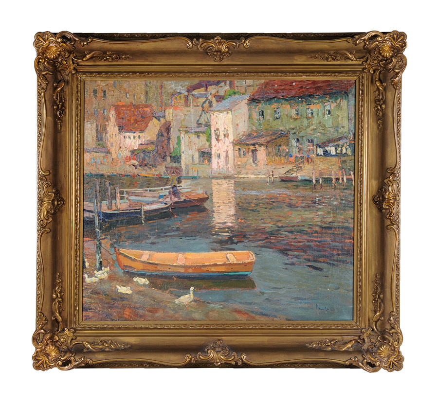 BERLINER MALSCHULE. TILLSKRIVEN. Impression fiskare på land med gäss & båt. Oljemålning omkring 1910, magnifik ram.