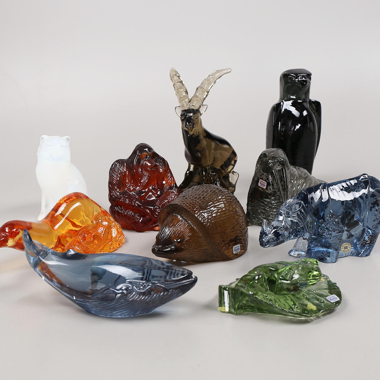 PAUL HOFF. Figurines, 10 pcs, animals, WWF, glass, Kosta, 1970s