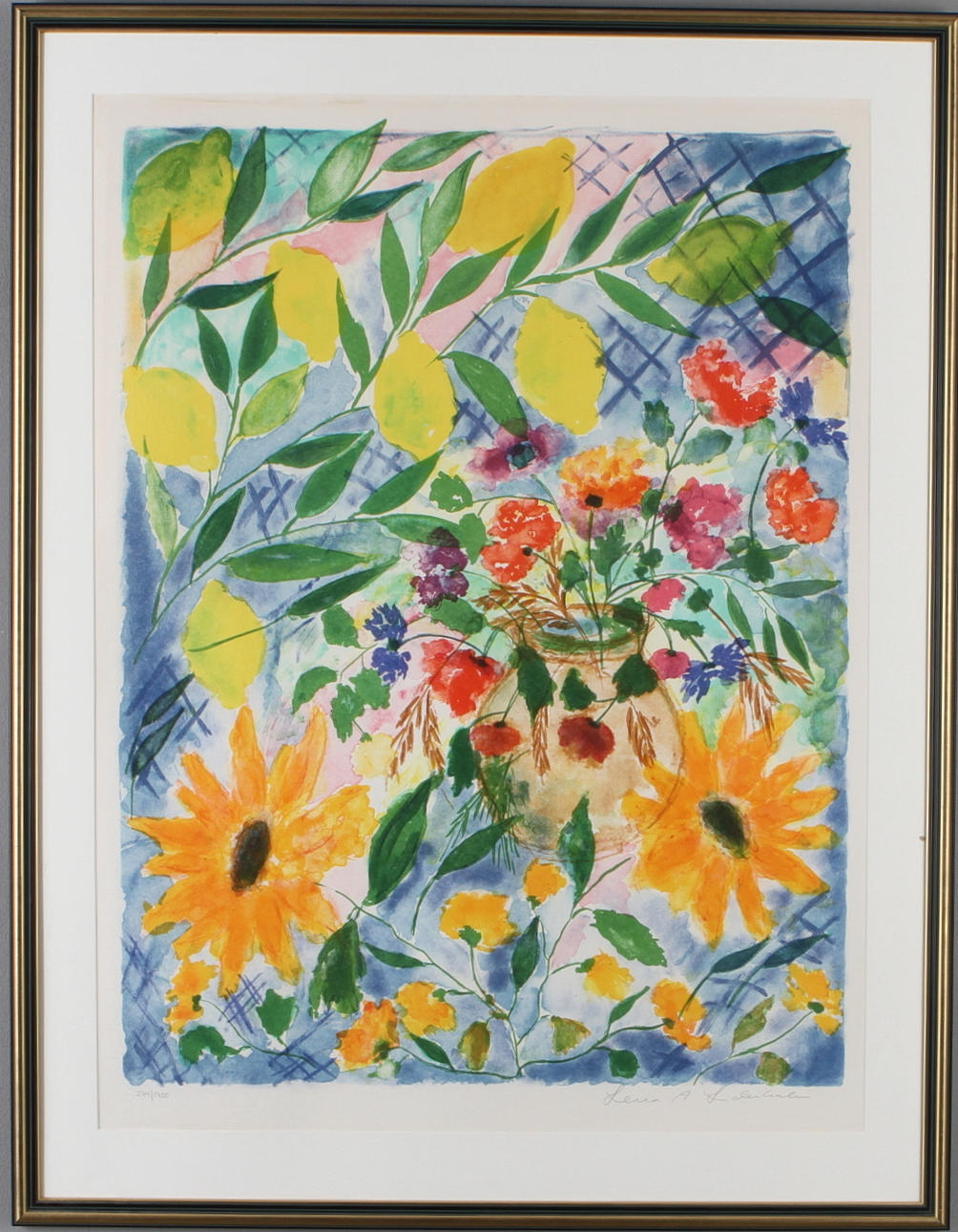 LENA LINDERHOLM. Blomsterstilleben, färglitografi, signerad och numrerad 274/1750.