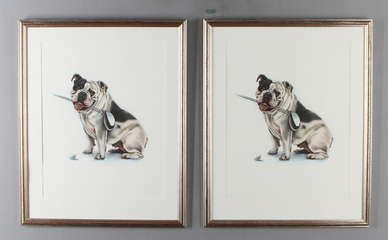 LASSE ÅBERG. 2 st, färglitografier, Hundar med golfklubba, signerade och numrerade 245/290 resp. 247/290.