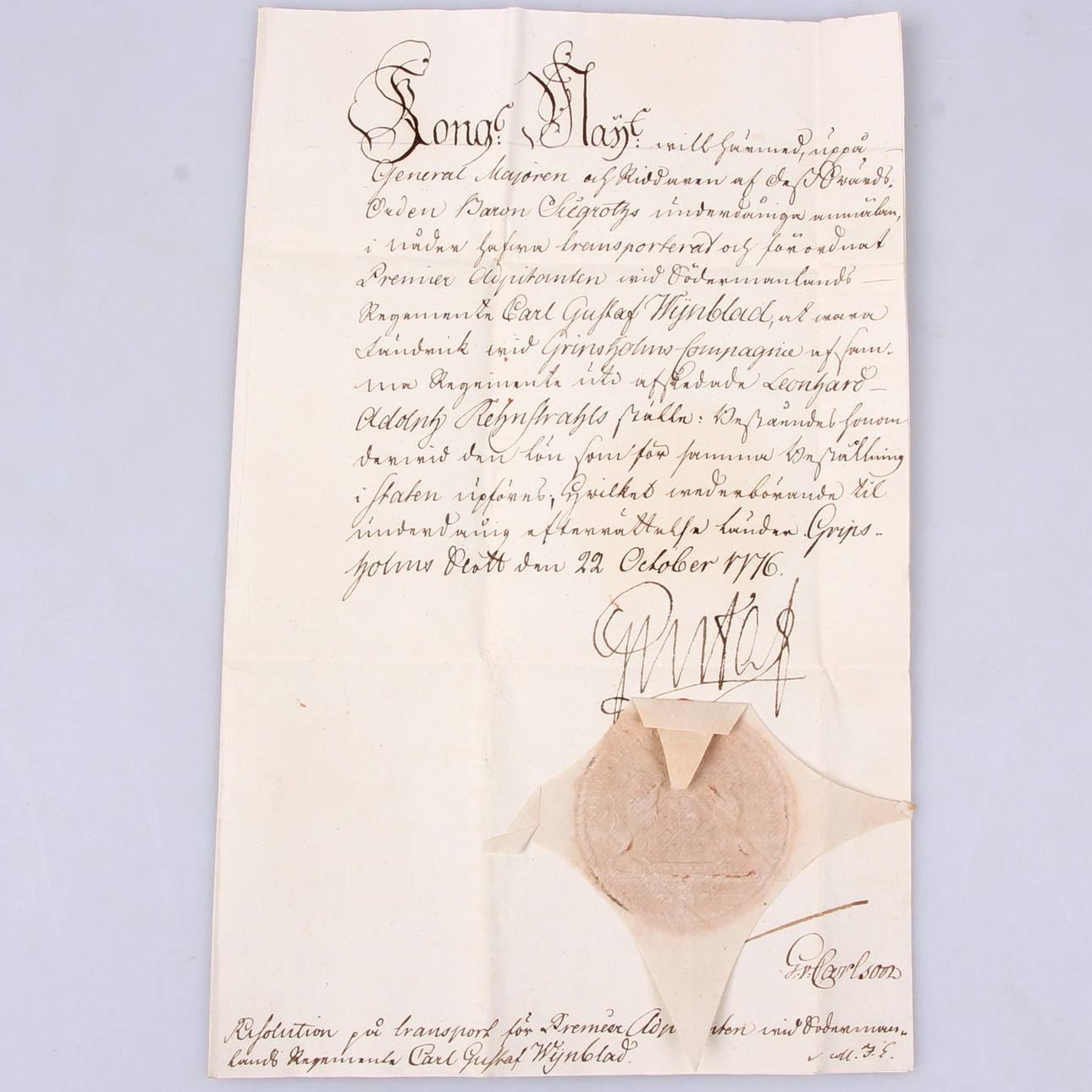 GUSTAV III. Utnämning av Carl Gustaf Winbladh till premier adjutant, 1776.