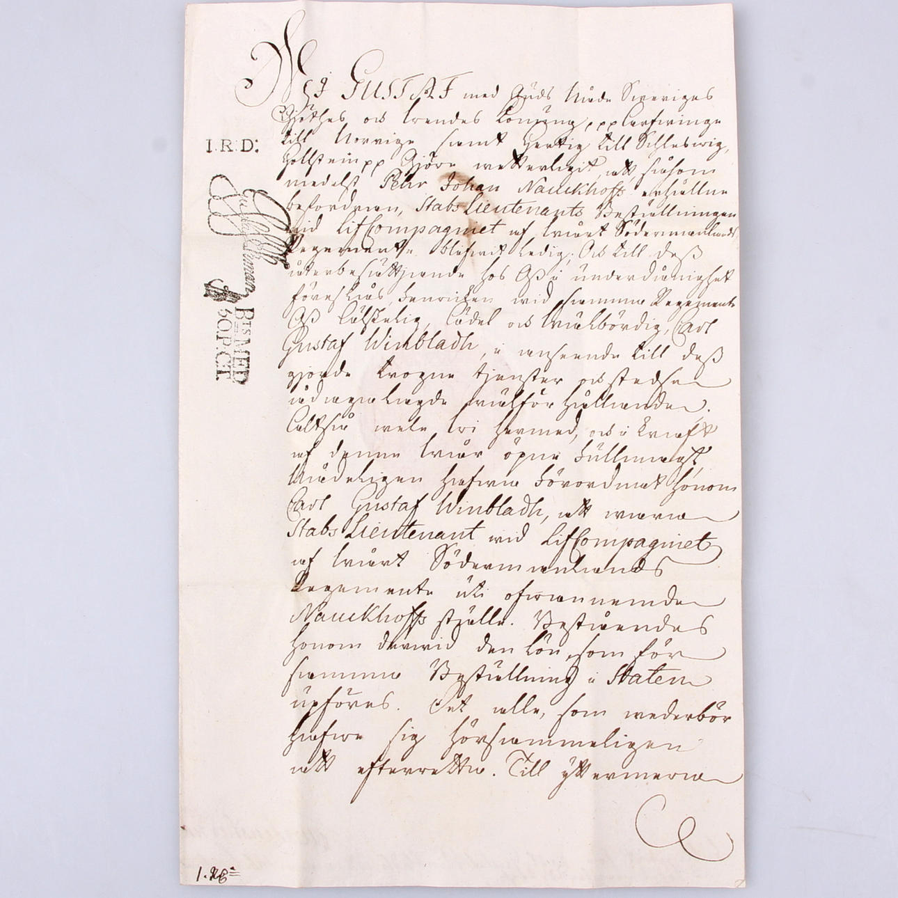 GUSTAV III. Utnämning av Carl Gustaf Winbladh till stabslöjtnant, 1780.