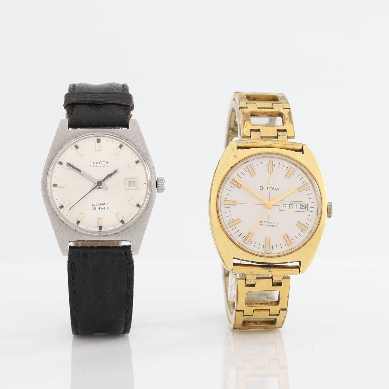 BULOVA + EXACTA POLJOT AUTOMATIC Wrist watch, chrome and double, automatic, date, day, 1970s.