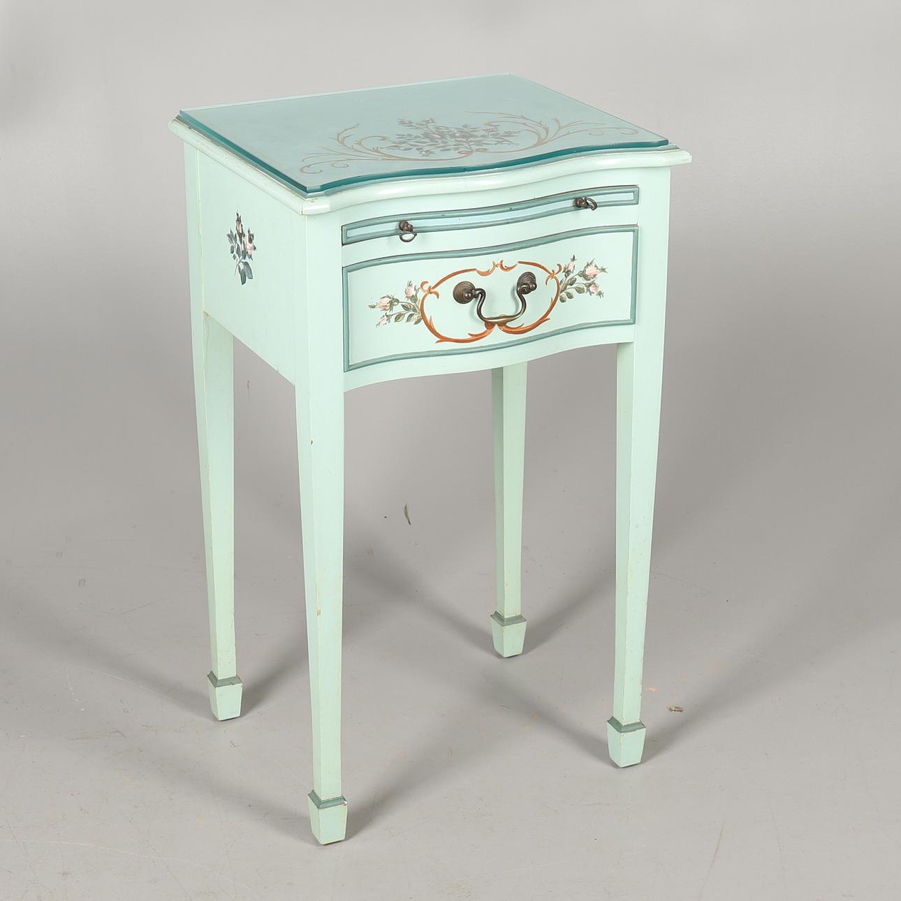 A DUCK EGG BLUE PAINTED BEDSIDE TABLE.
