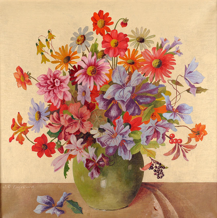 J.G. ENGELHARDT. SOMMARBLOMMOR I EN VAS. Oljemålning omkring 1930, signerad.