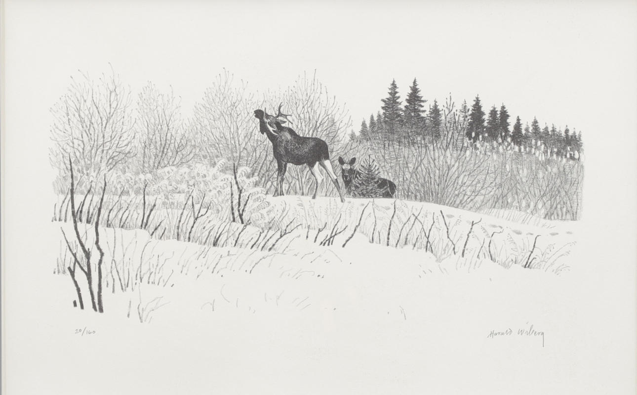 HARALD WIBERG. Lithograph, landscape with moose, signed and numbered.