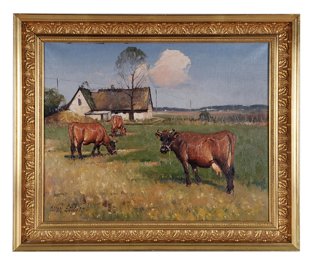 SÖREN EDSBERG. KOR PÅ EN BETESMARK FRAMFÖR GÅRDEN. Dansk oljemålning omkring 1970.