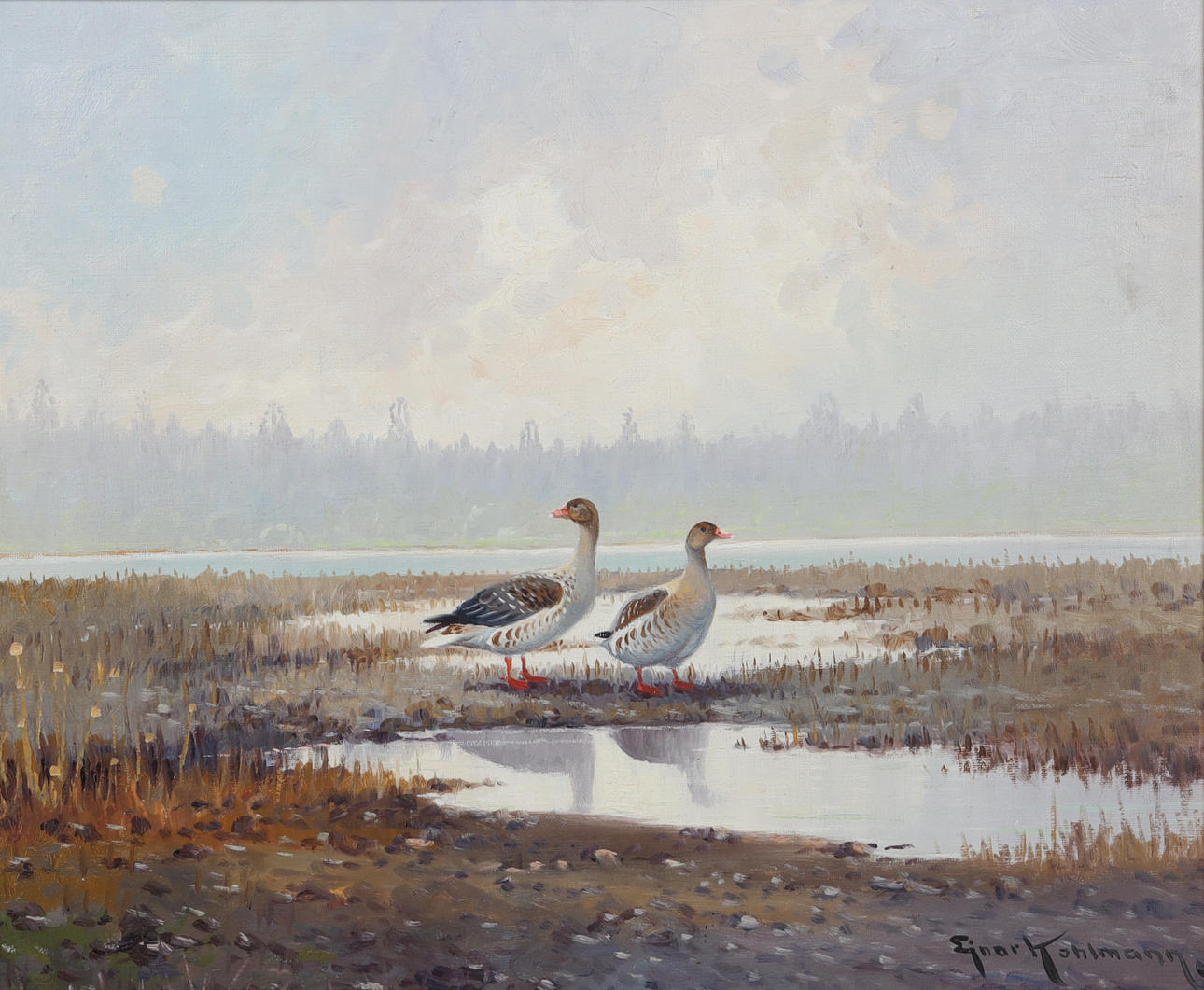 EJNAR KOHLMANN. Gansos en paisaje, óleo sobre lienzo.
