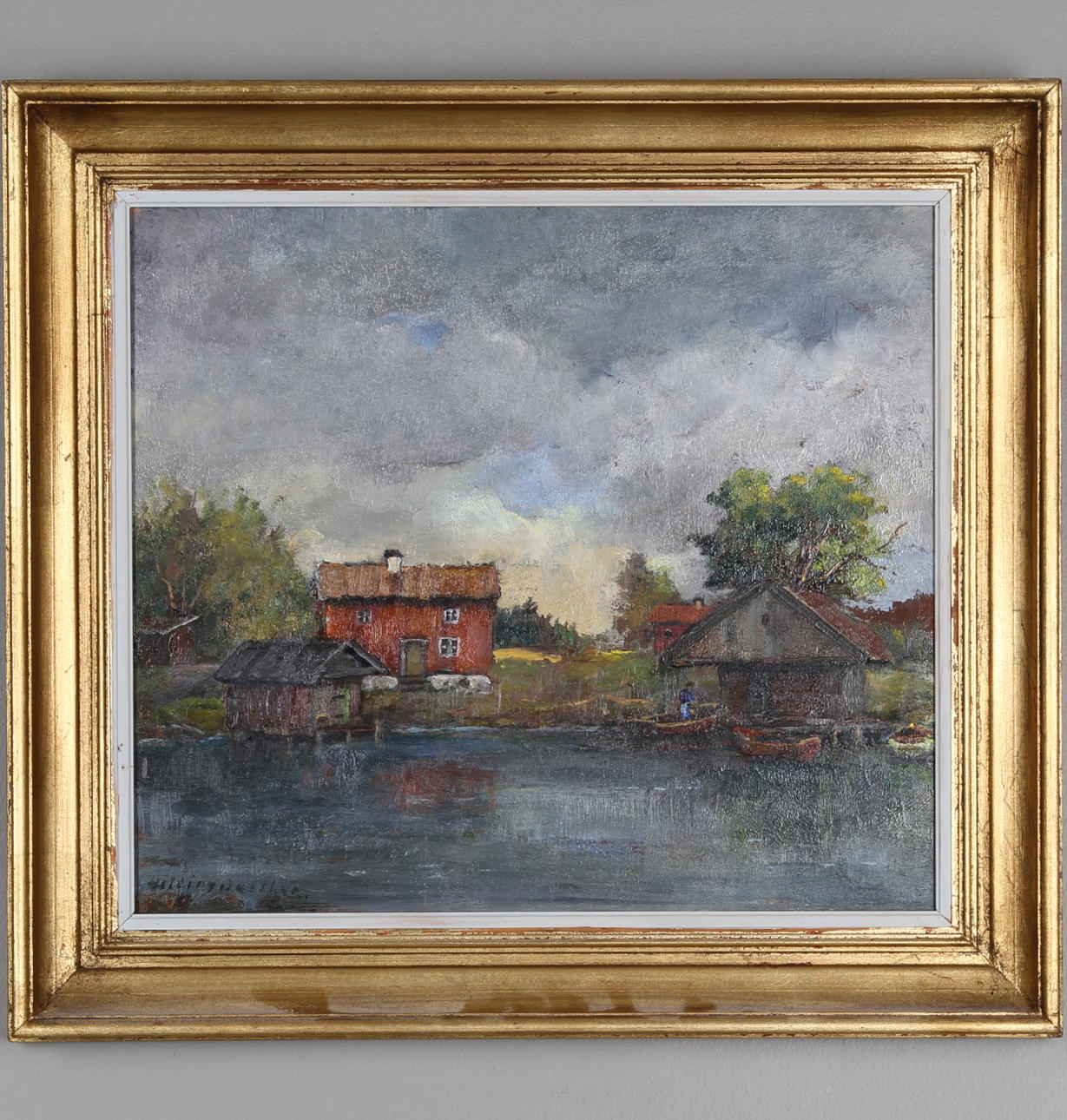 HILDING BOSSLER. Skärgårdslandskap med ekor och fiskebodar, Västervik. Olja på pannå, signerad.