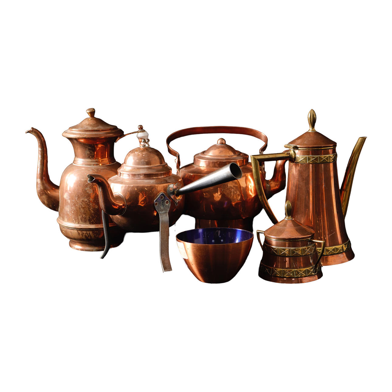 COPPER OBJECTS, 6 parts, 1900s.