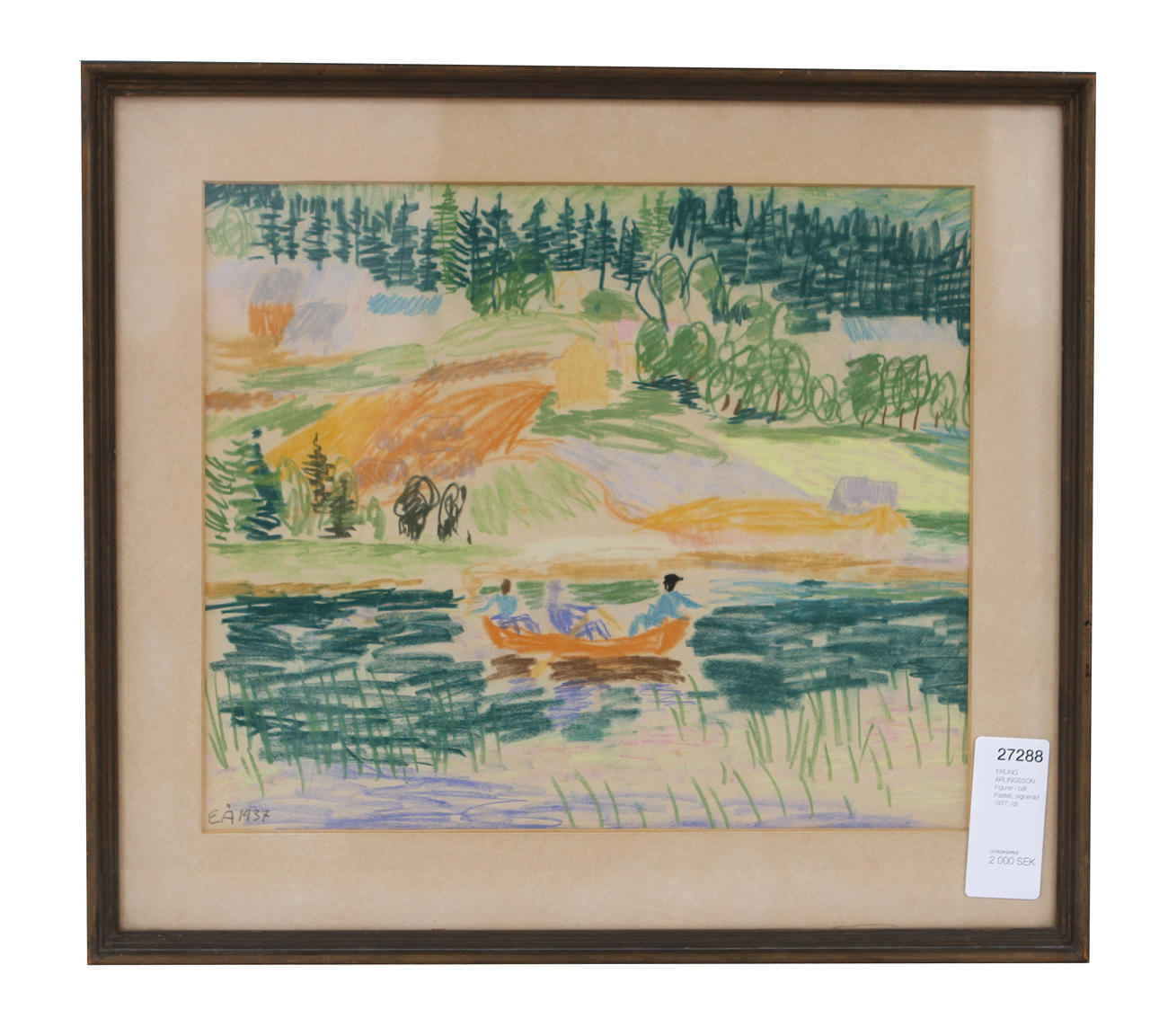 ERLING ÄRLINGSSON. Figurer i båt. Pastell, signerad 1937.