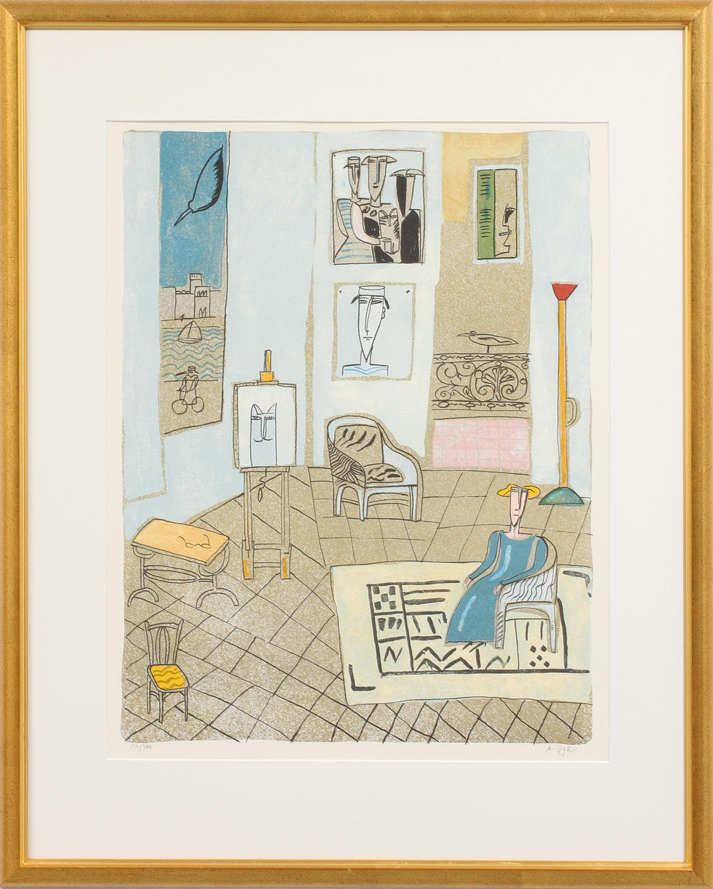 MADELEINE PYK. Rumsinteriör med figur, färglitografi, signerad och numrerad 132/380.