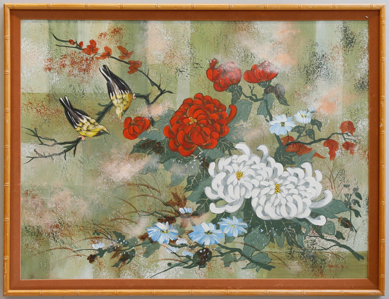 THOMAS PELL. Oil on canvas, Birds and flowers, signed.