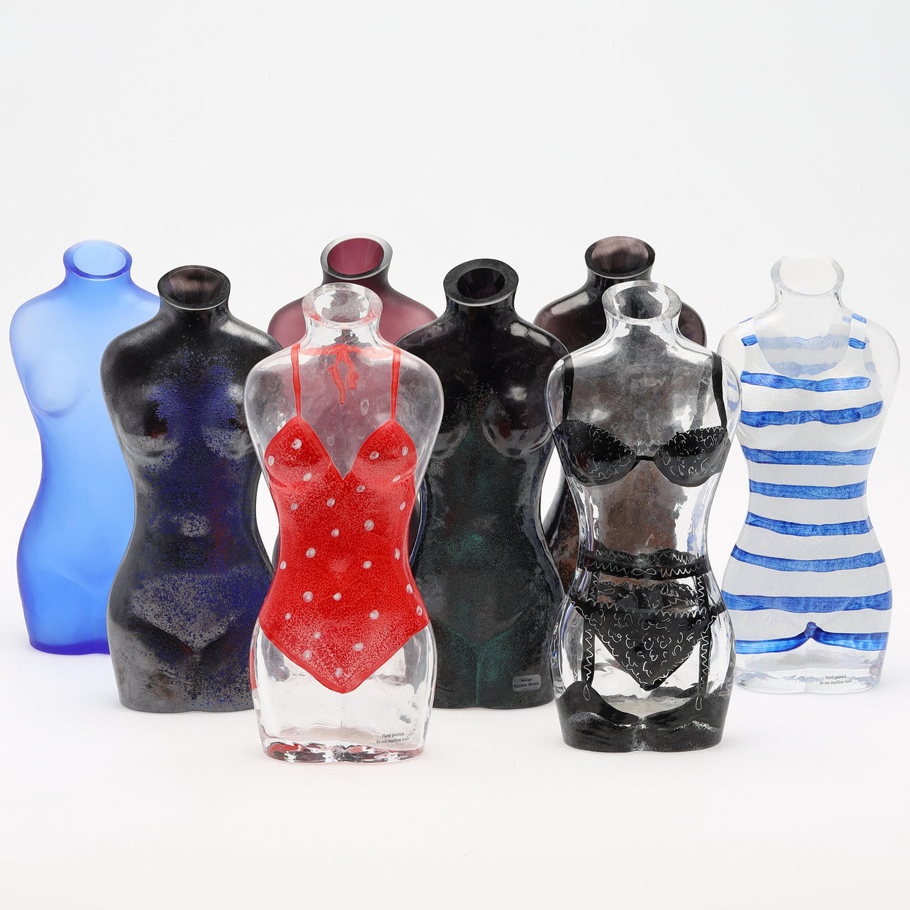 RENATE STOCK, Vase Frauenkörper, 8 Stück, beschriftet Seeglashütte, Kosta. Glasobjekte - Glaskunst
