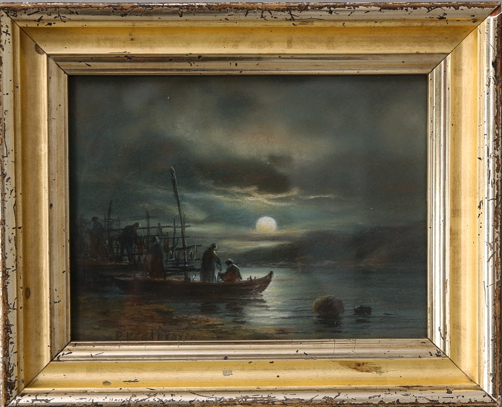 OIDENTIFIERAD KONSTNÄR. Olja på pannå, fiskare i månsken, signerad, 1800-tal.