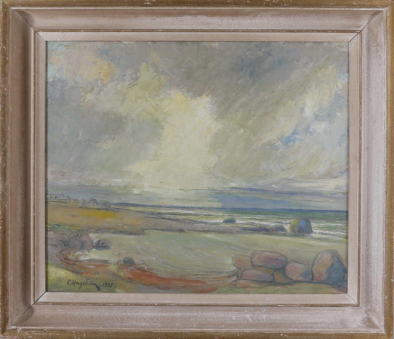 EMIL HAGSTRÖM. "Oväder Borgehage Öland", olja på pannå, signerad och daterad E. Hagström 1945.