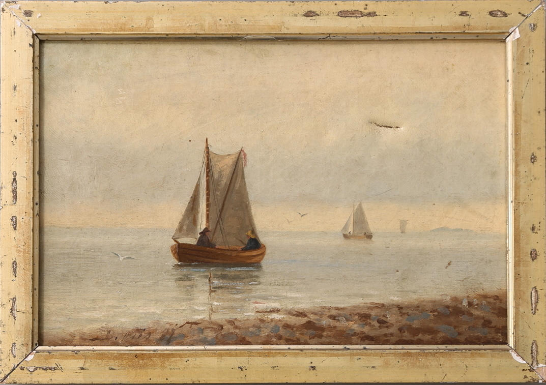 OIDENTIFIERAD KONSTNÄR. Olja på duk, båtar vid strand, 1800-tal, osignerad.