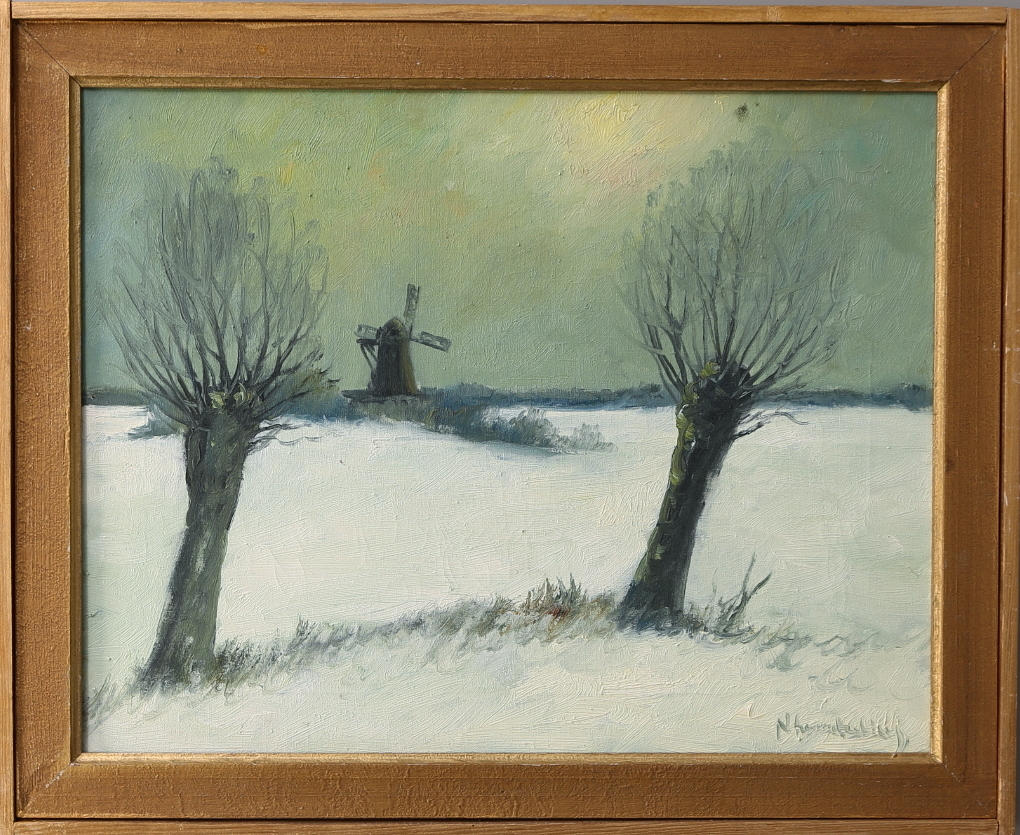 OIDENTIFIERAD KONSTNÄR. Olja på duk, vinterlandskap med kvarn, signerad.