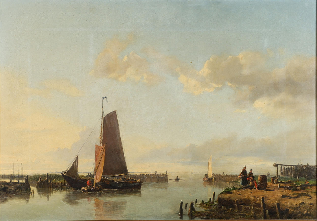 HERMANUS KOEKKOEK THE YOUNGER (1836-1909). FIGURES AND BOATS BY AN ESTAURY ON A STILL SUMMER MORNING.