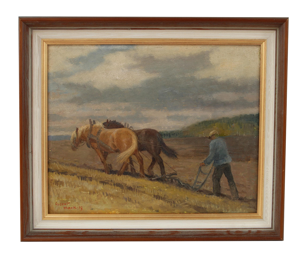 GRETA GERELL. Plöjning framför parhästar. Olja på pannå, signerad Hook -43.