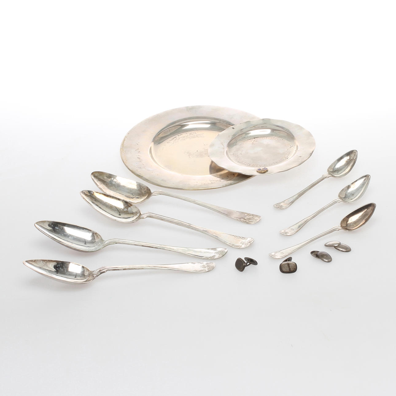 PARTI SILVER, skedar, pristallrikar, manschettknappar, 18 6 1900-tal.