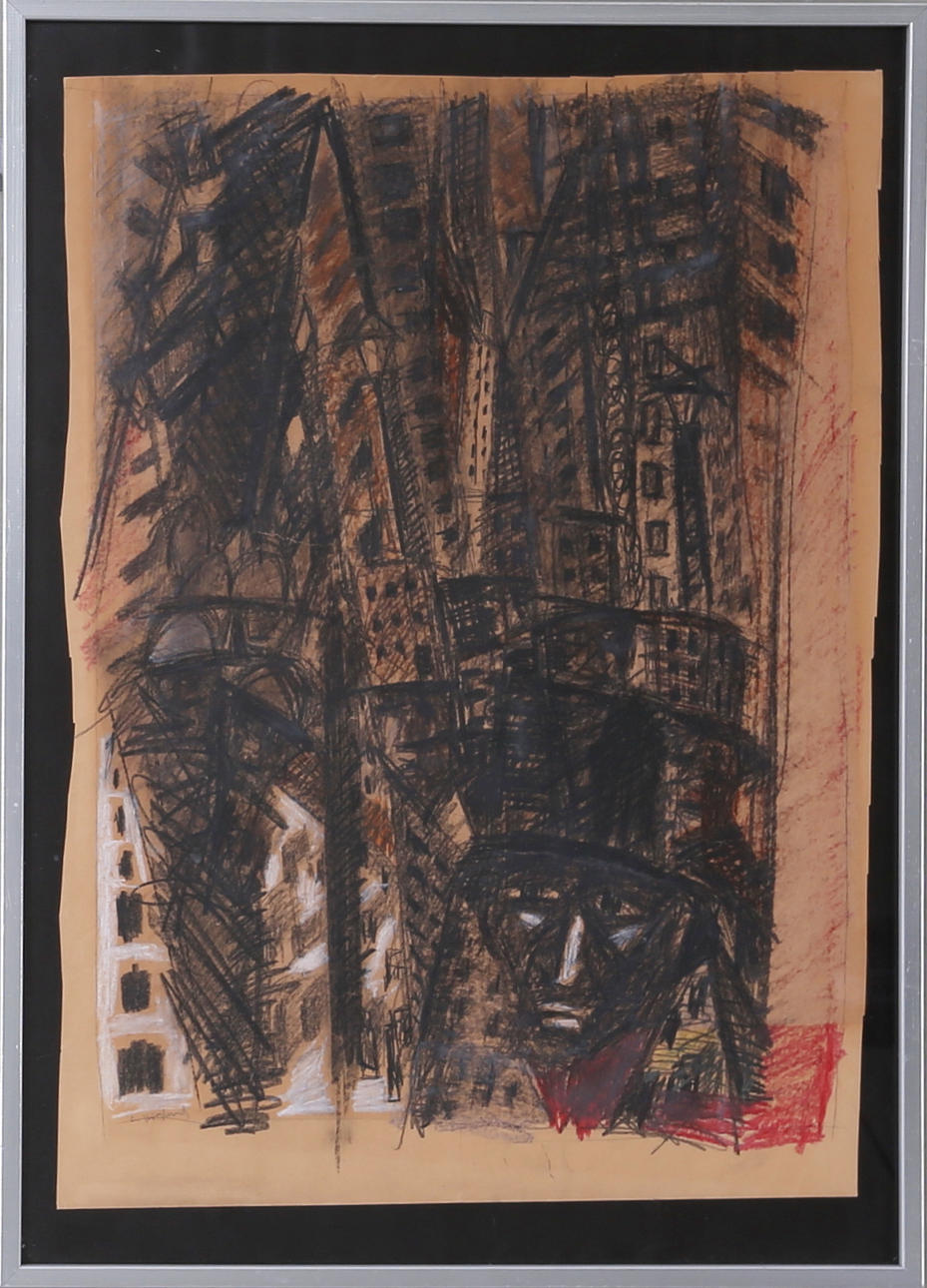 ERIK HÖGLUND. Höghus, blandteknik, signerad.