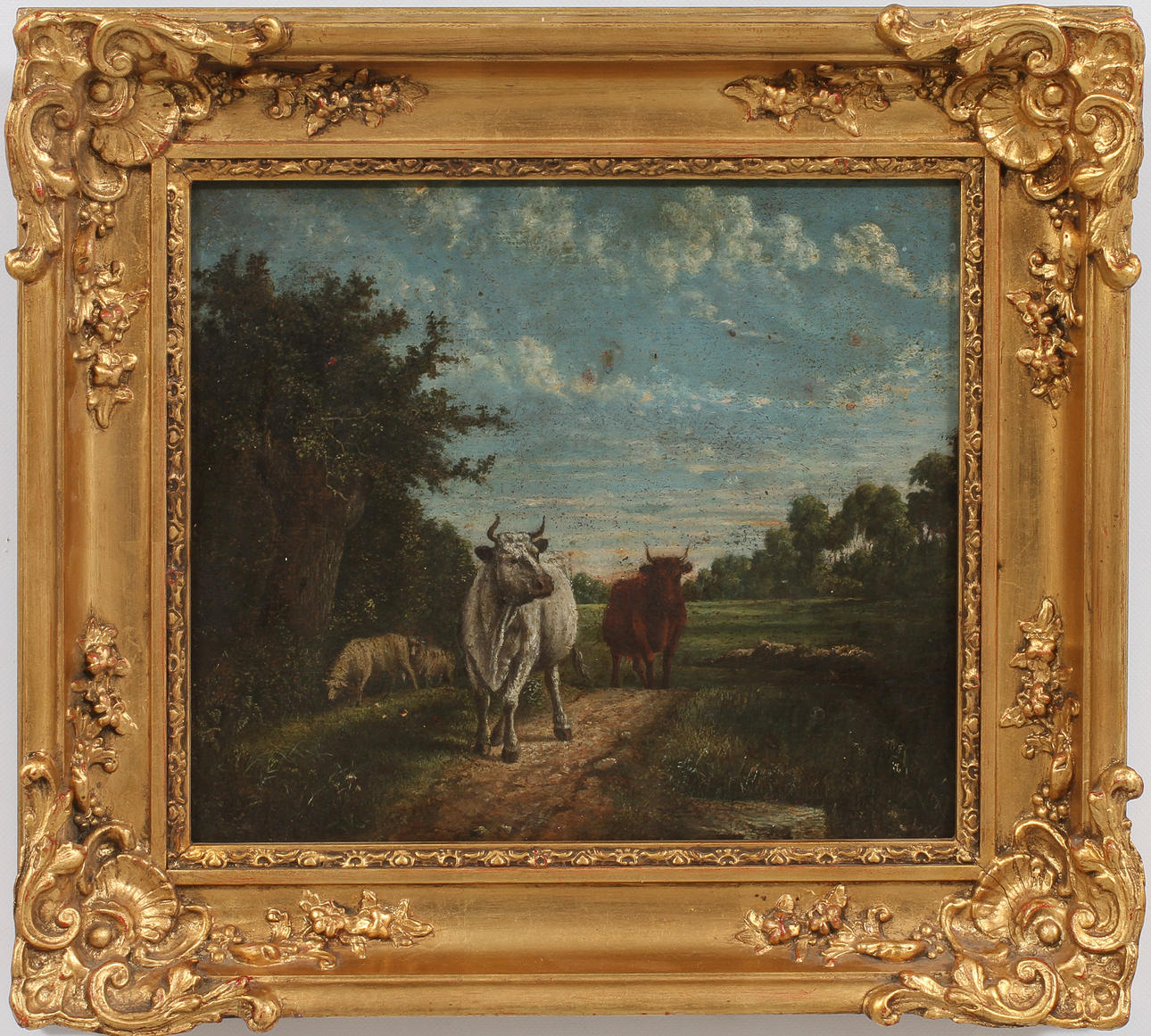 OIDENTIFIERAD KONSTNÄR. Landskapsmotiv med kor, Olja på pannå.