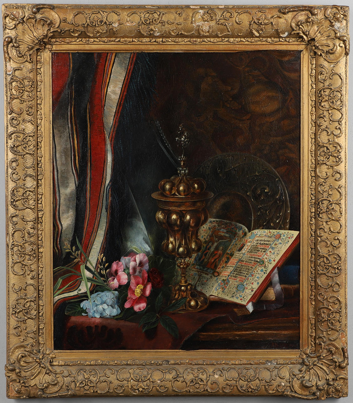 FOLLOWER OF EMILY STANNARD (1802-1885). STILL LIFE OF A CIBORIUM, A BOOK OF HOURS, A CHARGER AND FLOWERS UPON A TABLE, A FRINGED CLOTH TO THE LEFT.