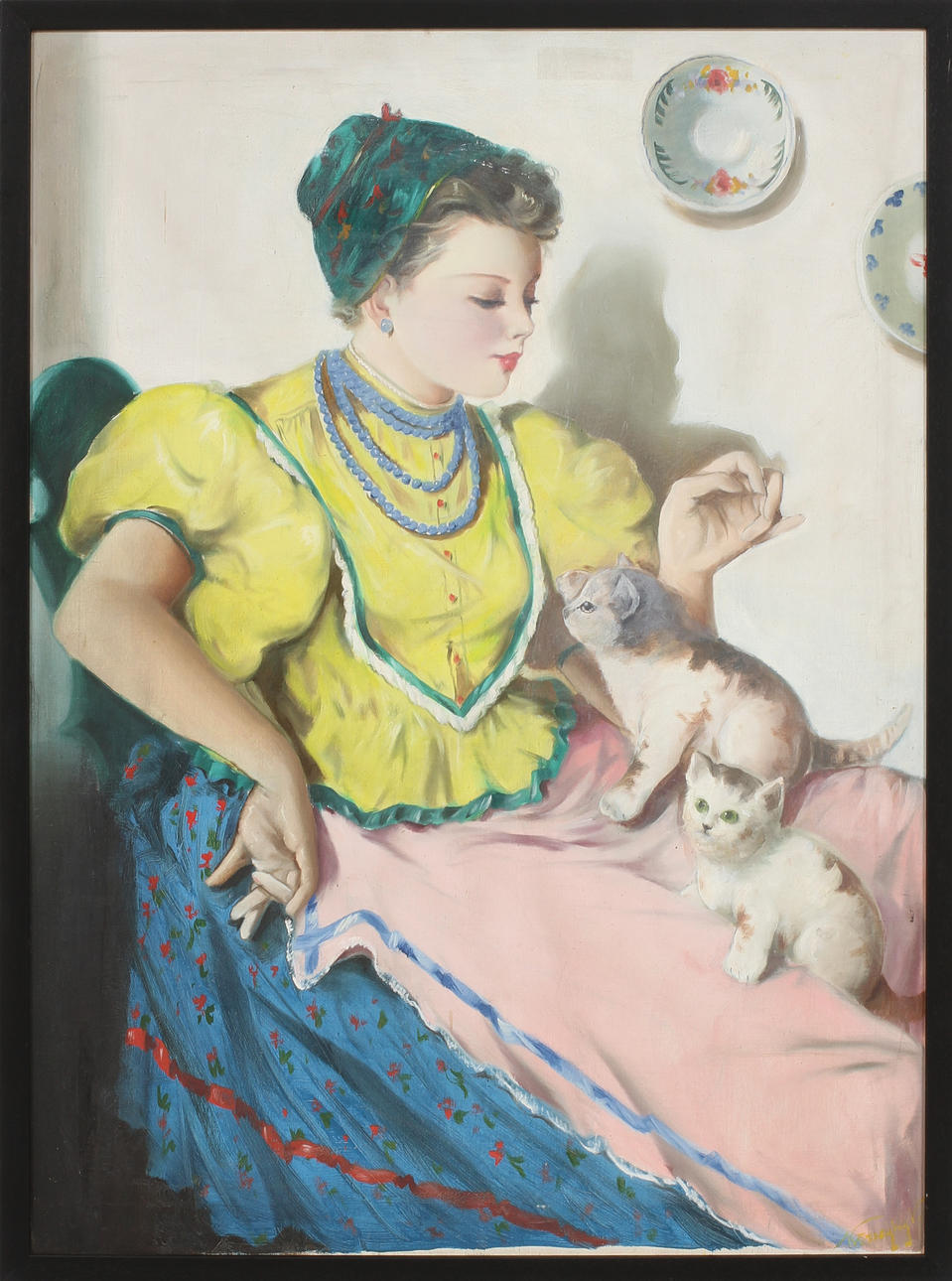 VIOLETTA KOSZEGHY. Kvinna med katter, olja på duk, signerad.