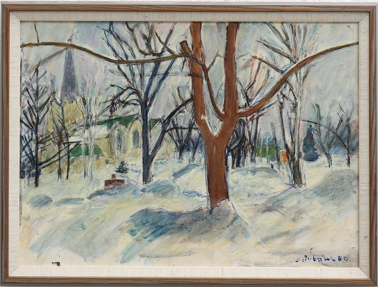 STEN LINDAHL. Oskarshamns kyrka. Olja på duk, signerad och daterad 80.